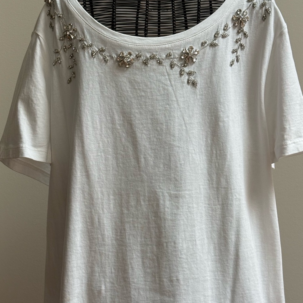 Talbots White Short Sleeve Scoop Neck Top with Crystal Floral Embellishments